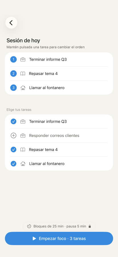 Pantalla para elegir y ordenar las tareas de hoy